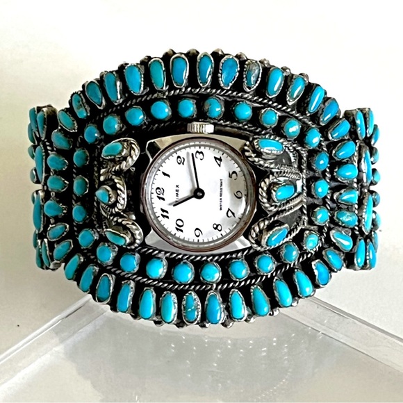 Signed,Navajo Old Pawn Vntg Sleeping Beauty Turquoise Sterling Watch Cuff - Picture 1 of 10